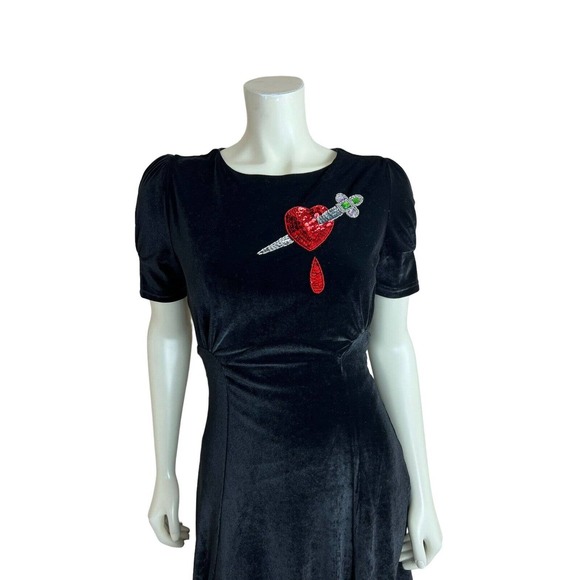 Nicoletta Carlone Black Velvet Dress XS Pierced Heart Sequin Dagger Goth 30s 40s - Picture 4 of 12